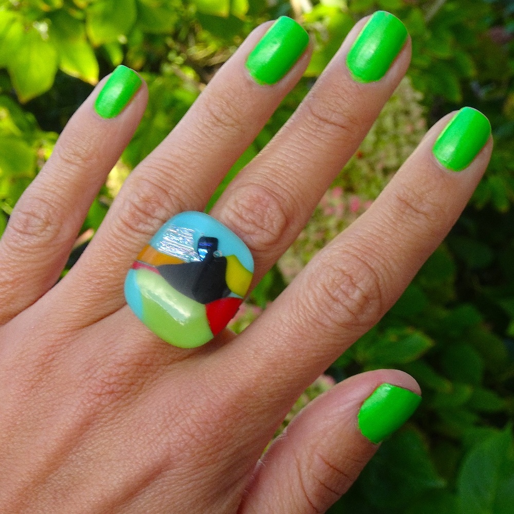 Artsy Iridescent Unique Colorful Dichroic Handblown Glass Square Statement Ring